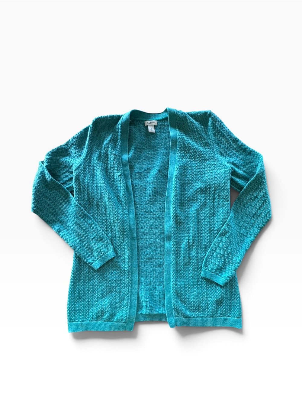L.L.Bean Women’s Small Teal Open Front Cardigan 100% Cotton Textured Knit